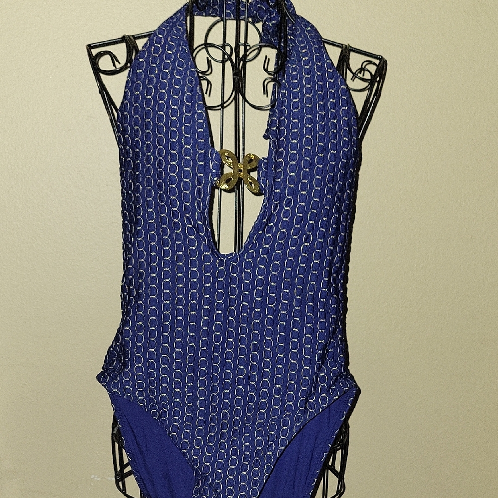 Trina Turk Blue Gold Plunge Neck One Piece Swimsuit Textured Pattern Sz 6 $28